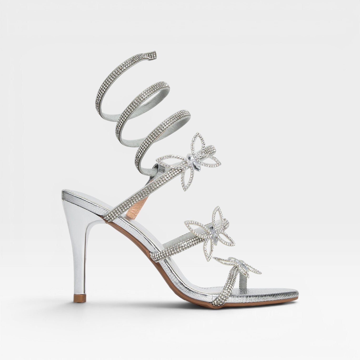 Damen Kristall Schmetterling Spiralabsätze – Umwickelte Knöchel Stiletto Party Sandalen