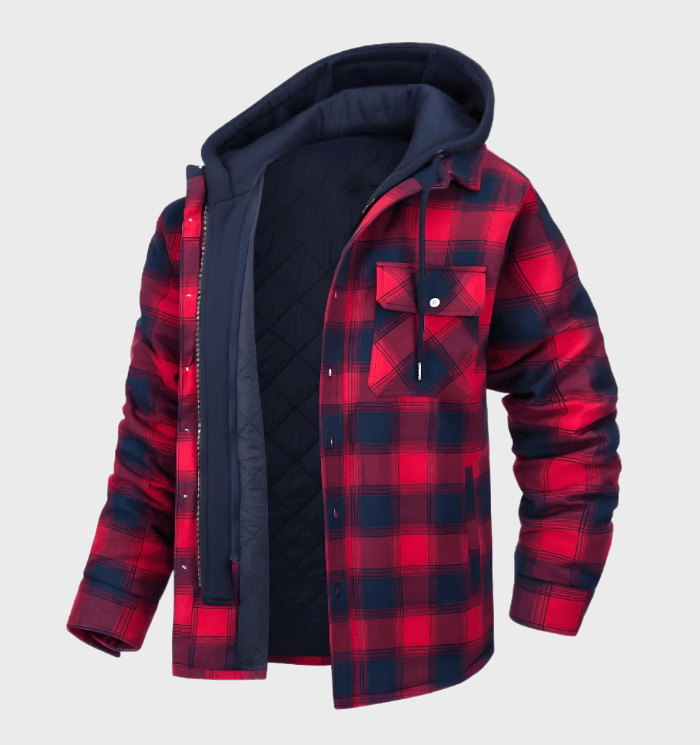 Herren Hemdjacke kariert mit Kapuze – Gefütterte Winterjacke