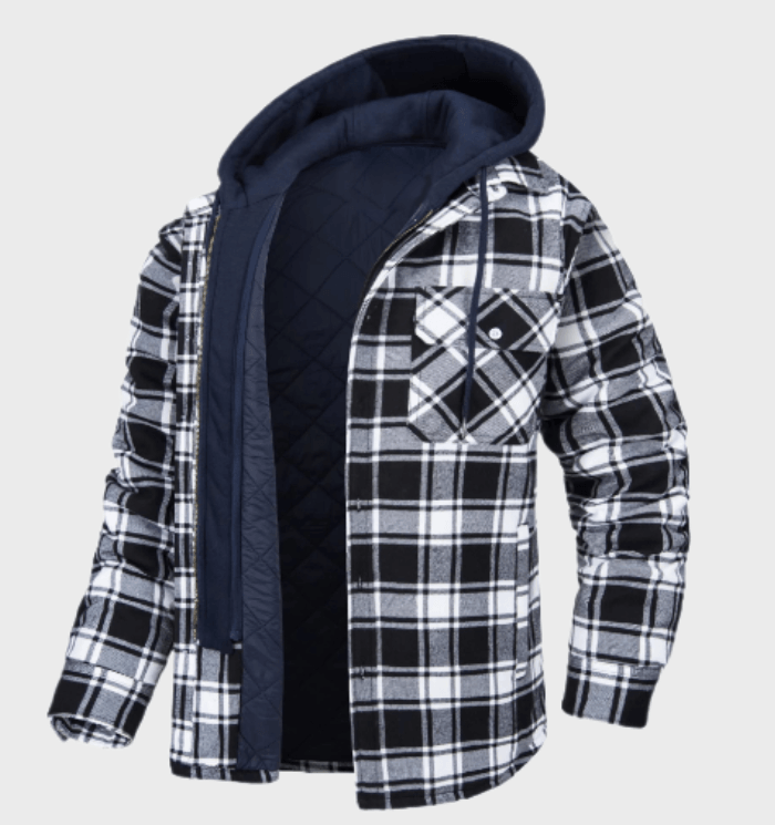 Herren Hemdjacke kariert mit Kapuze – Gefütterte Winterjacke