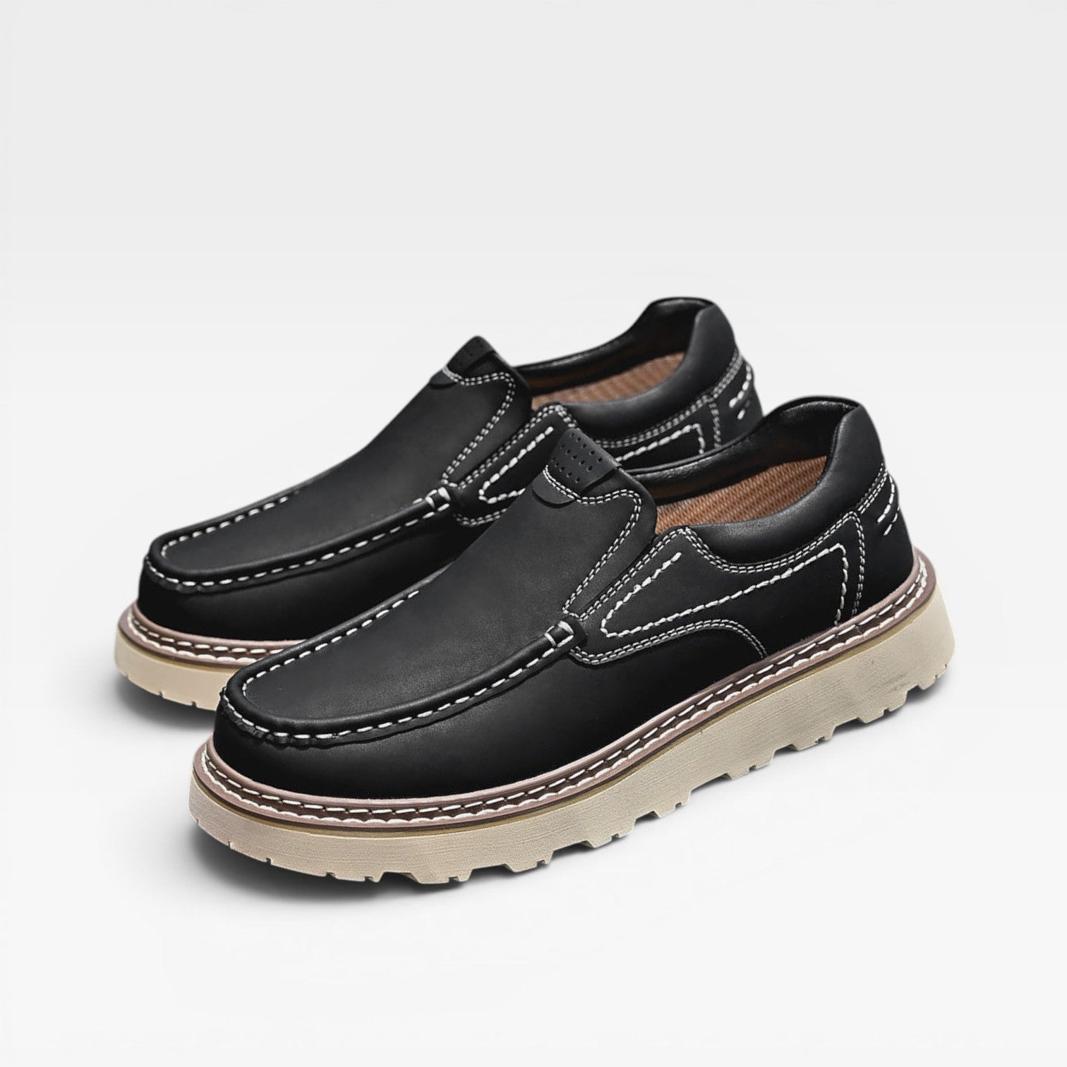 Herren Echtleder Slipper – Handgenähte Freizeit Schuhe mit Großer Sohle