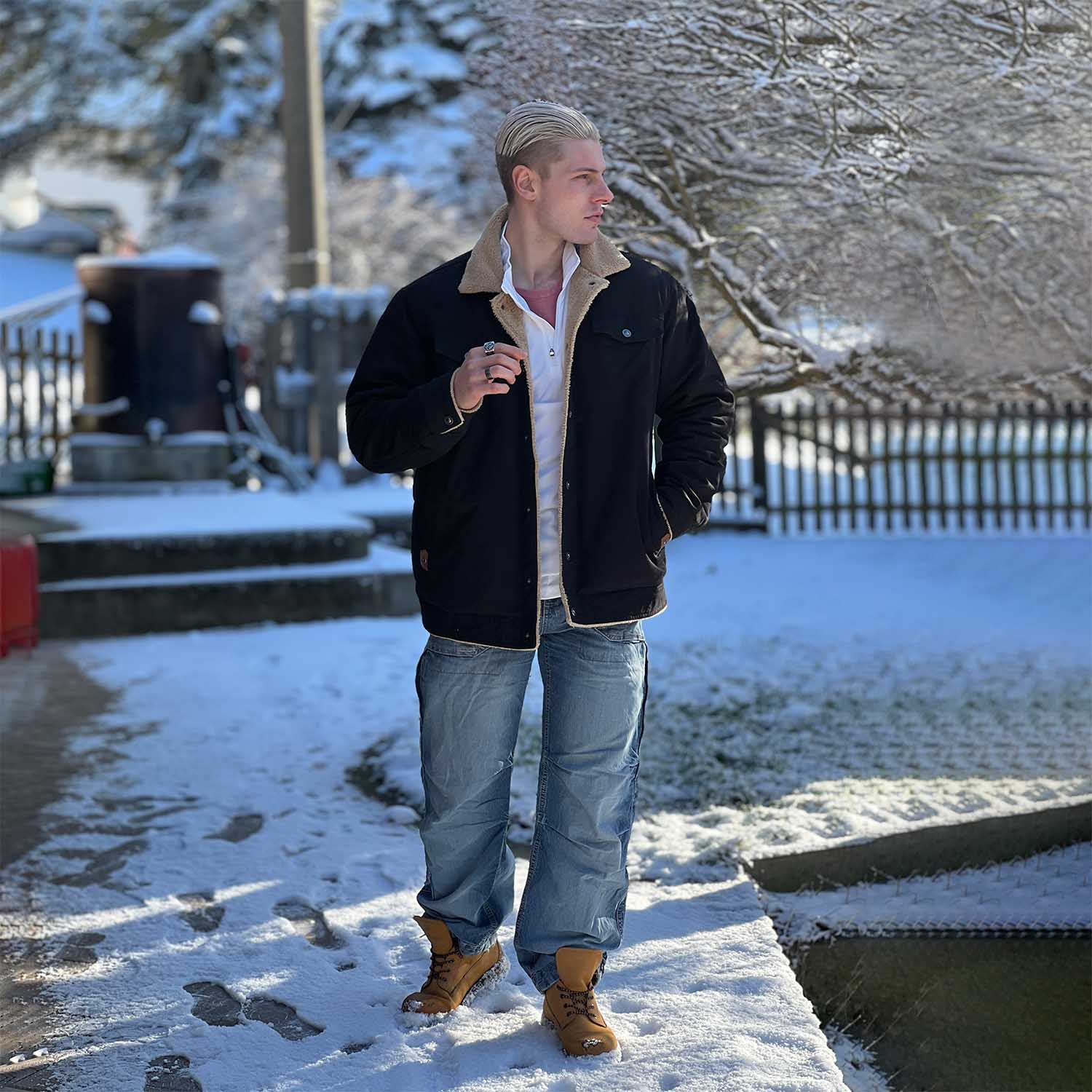 Herren Jeansjacke gefüttert – Trucker-Jacke mit Kontrastkragen
