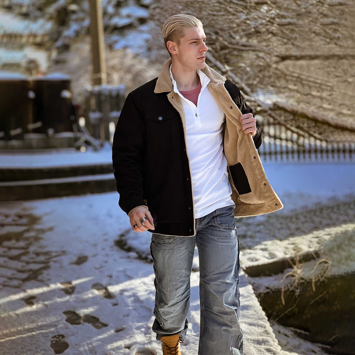 Herren Jeansjacke gefüttert – Trucker-Jacke mit Kontrastkragen