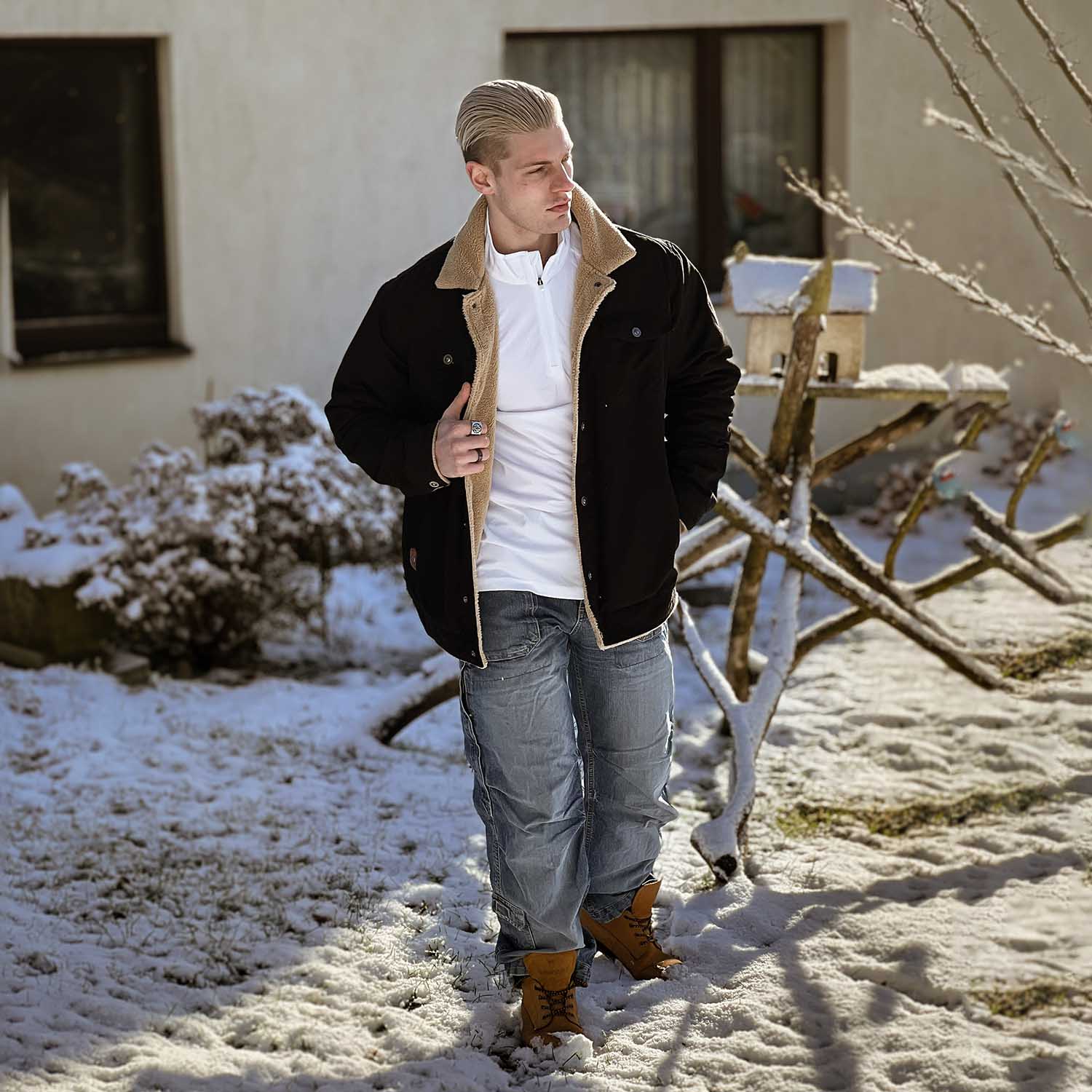 Herren Jeansjacke gefüttert – Trucker-Jacke mit Kontrastkragen