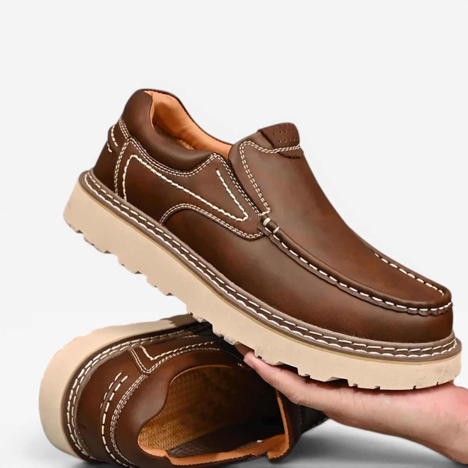 Herren Echtleder Slipper – Handgenähte Freizeit Schuhe mit Großer Sohle