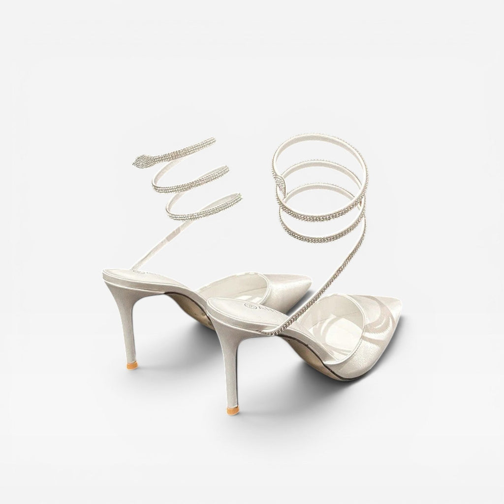 Damen Kristall Knöchel Wickelabsätze – Spitz zulaufende Satin Stiletto Pumps für besondere Anlässe
