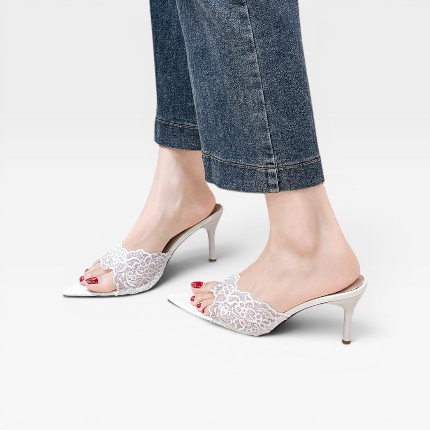 Damen Spitzen-Mule-Absätze – Elegante spitze Stiletto für Tages- und Abendanlässe
