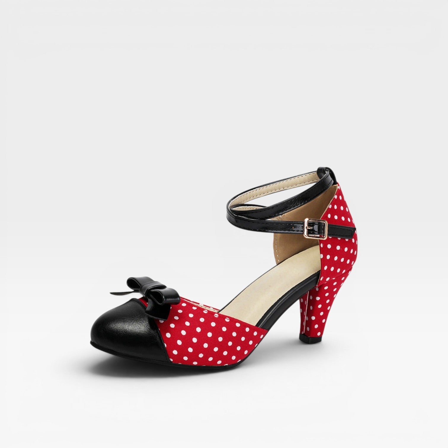 Damen Vintage Polka Dot Pumps – Elegante Knöchelriemen mit Schleifendetail und Blockabsätzen für Partys und besondere Anlässe