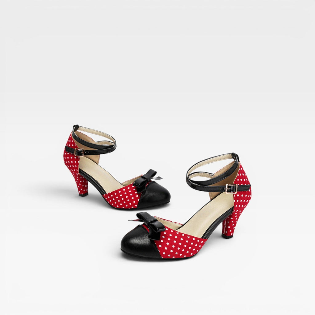 Damen Vintage Polka Dot Pumps – Elegante Knöchelriemen mit Schleifendetail und Blockabsätzen für Partys und besondere Anlässe