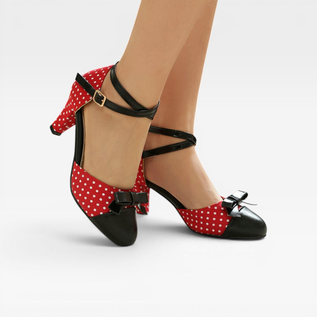 Damen Vintage Polka Dot Pumps – Elegante Knöchelriemen mit Schleifendetail und Blockabsätzen für Partys und besondere Anlässe
