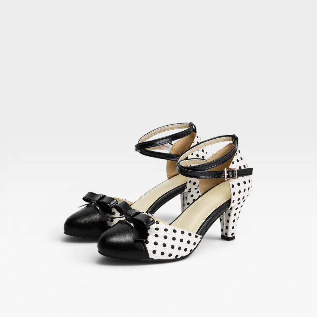 Damen Vintage Polka Dot Pumps – Elegante Knöchelriemen mit Schleifendetail und Blockabsätzen für Partys und besondere Anlässe
