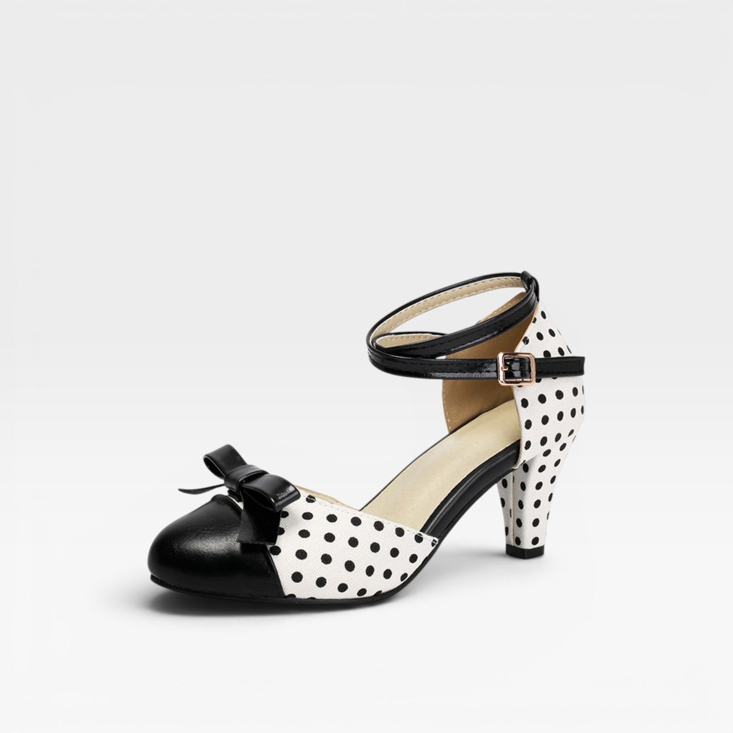 Damen Vintage Polka Dot Pumps – Elegante Knöchelriemen mit Schleifendetail und Blockabsätzen für Partys und besondere Anlässe