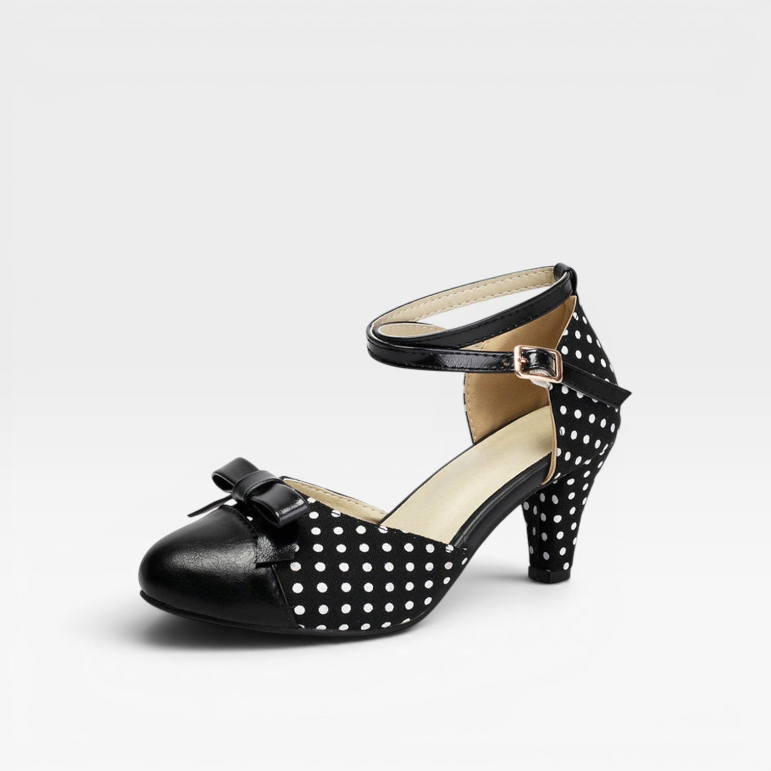 Damen Vintage Polka Dot Pumps – Elegante Knöchelriemen mit Schleifendetail und Blockabsätzen für Partys und besondere Anlässe