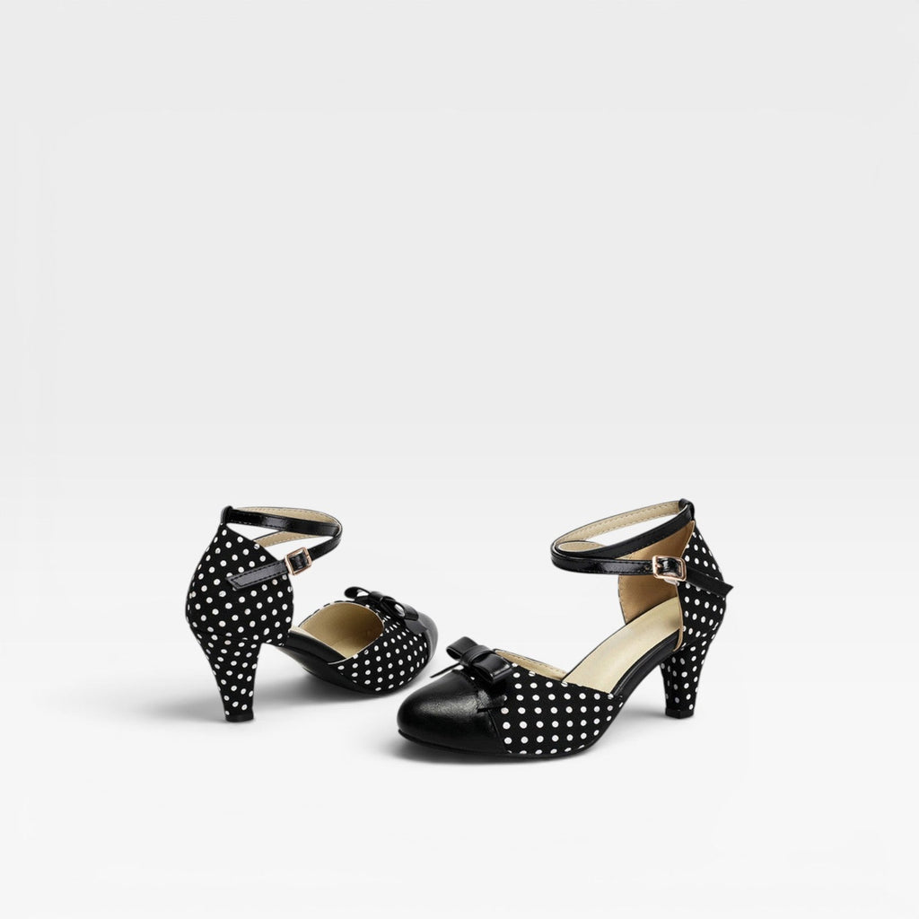 Damen Vintage Polka Dot Pumps – Elegante Knöchelriemen mit Schleifendetail und Blockabsätzen für Partys und besondere Anlässe