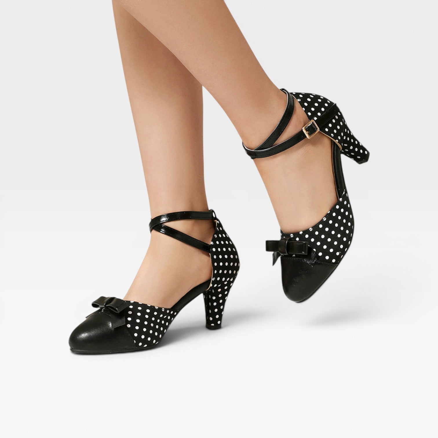 Damen Vintage Polka Dot Pumps – Elegante Knöchelriemen mit Schleifendetail und Blockabsätzen für Partys und besondere Anlässe