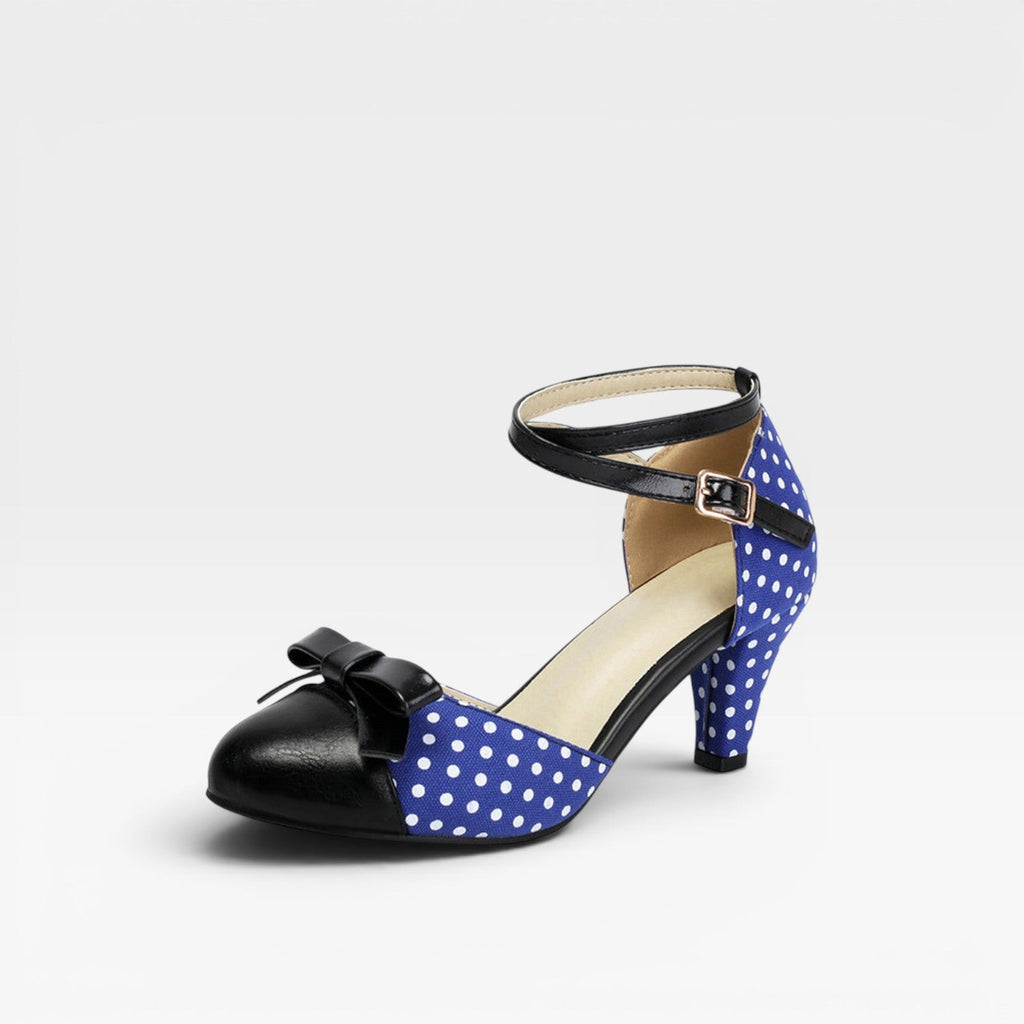 Damen Vintage Polka Dot Pumps – Elegante Knöchelriemen mit Schleifendetail und Blockabsätzen für Partys und besondere Anlässe
