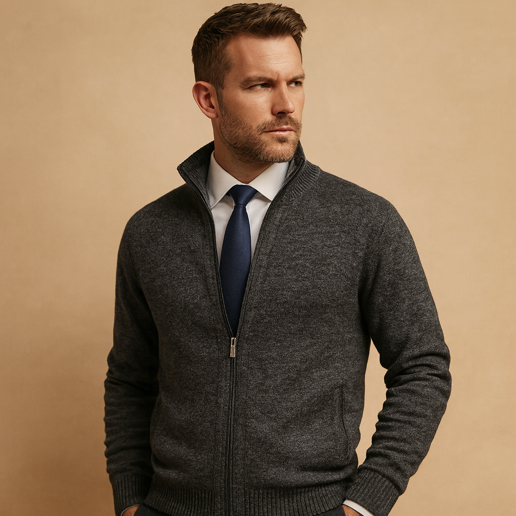 Herren Strickjacke mit Reissverschluss – Cardigan mit Stehkragen