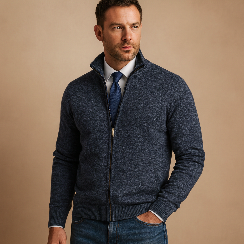 Herren Strickjacke mit Reissverschluss – Cardigan mit Stehkragen