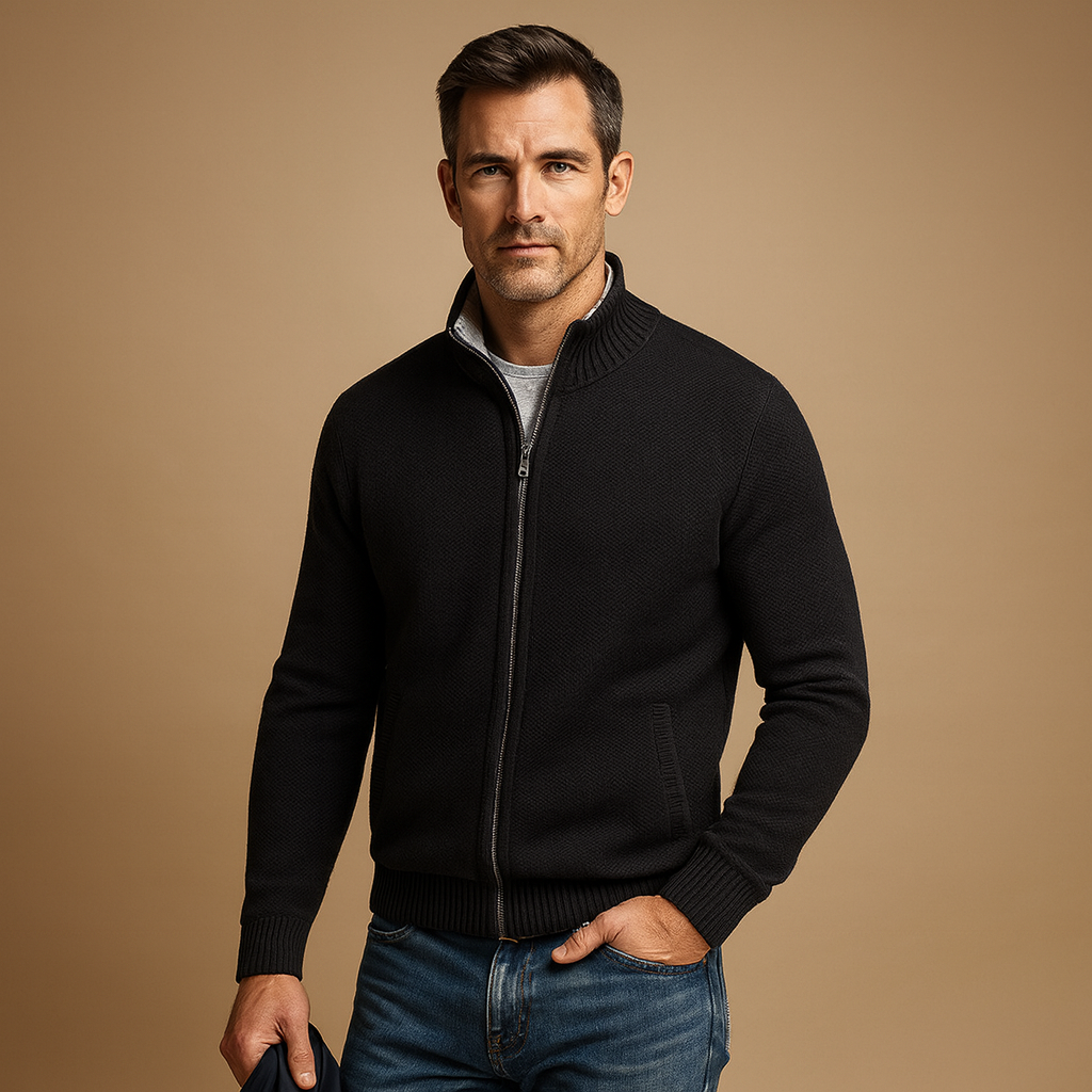 Herren Strickjacke mit Reissverschluss – Cardigan mit Stehkragen