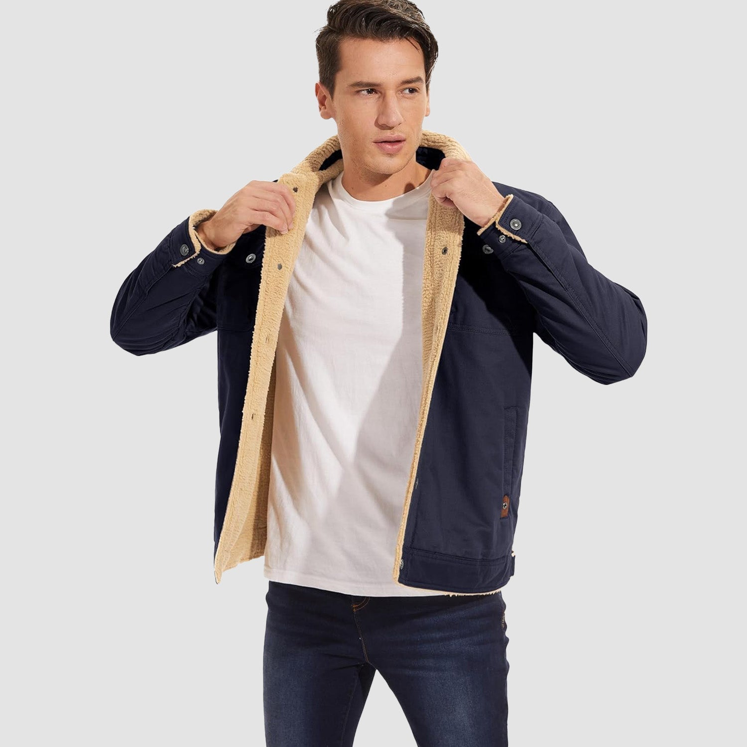 Herren Jeansjacke gefüttert – Trucker-Jacke mit Kontrastkragen