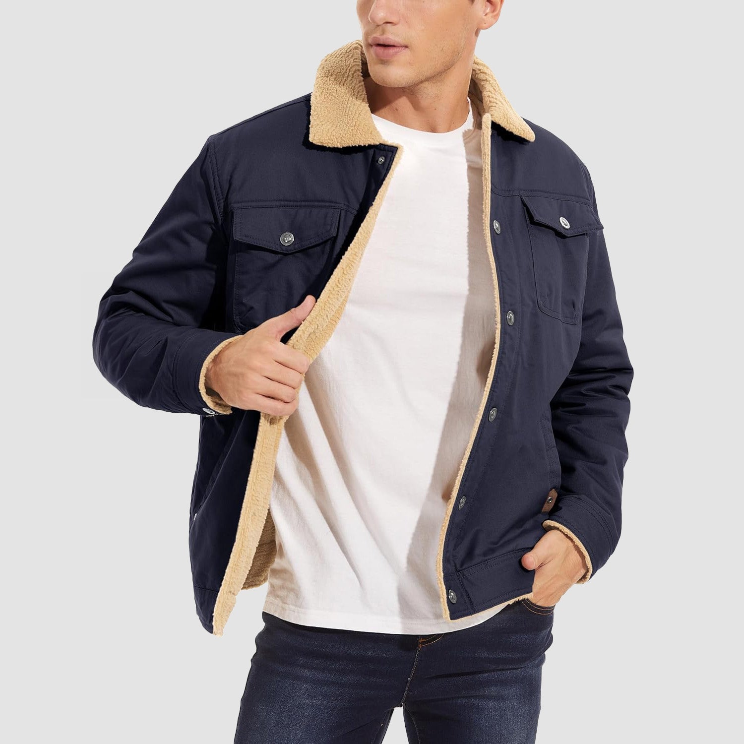 Herren Jeansjacke gefüttert – Trucker-Jacke mit Kontrastkragen