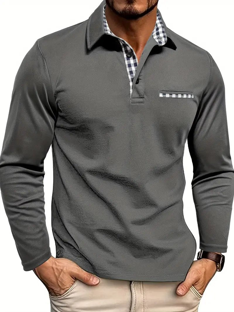 Herren Langarm-Poloshirt mit Karo-Details