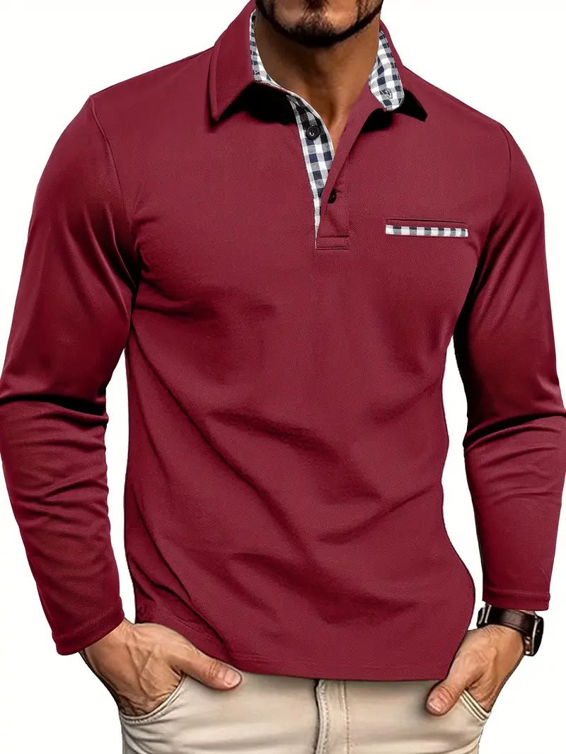 Herren Langarm-Poloshirt mit Karo-Details