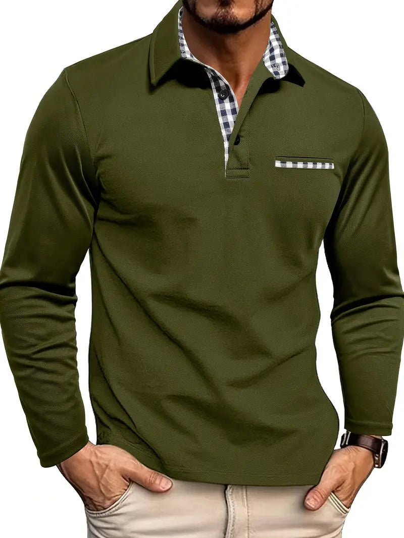 Herren Langarm-Poloshirt mit Karo-Details