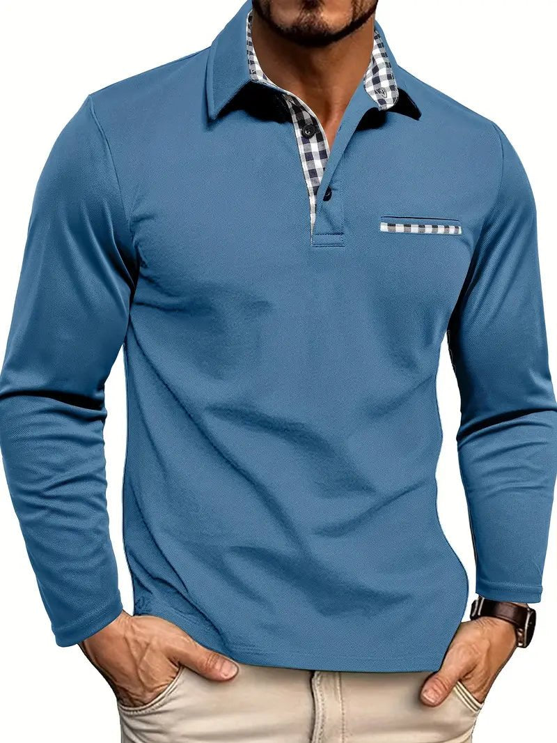 Herren Langarm-Poloshirt mit Karo-Details