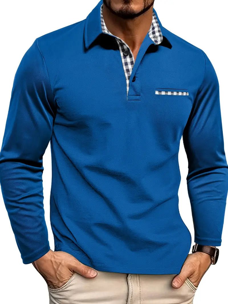 Herren Langarm-Poloshirt mit Karo-Details