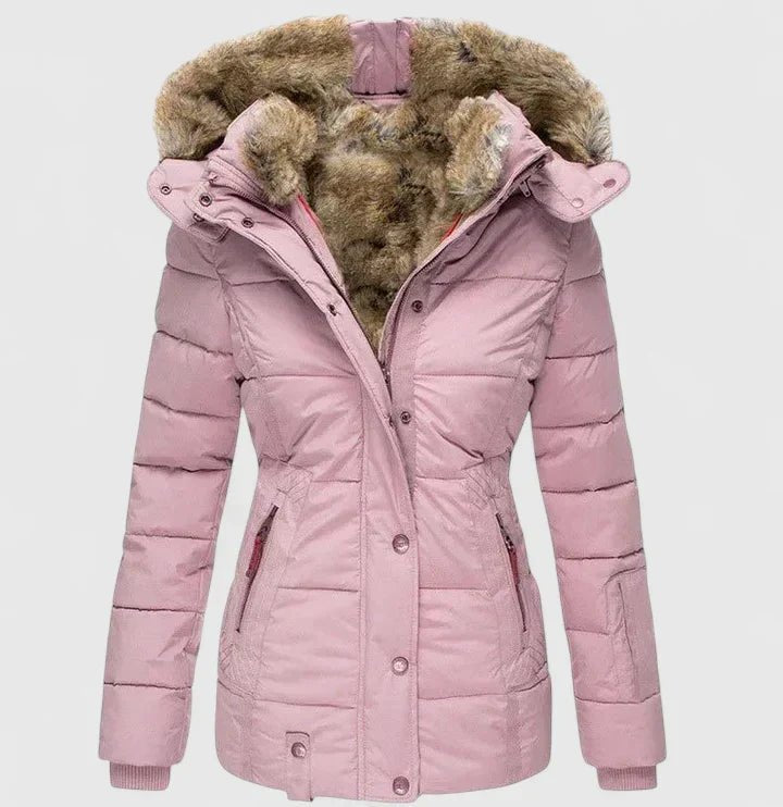 Damen Gemütlicher Steppmantel mit Kunstfellkapuze