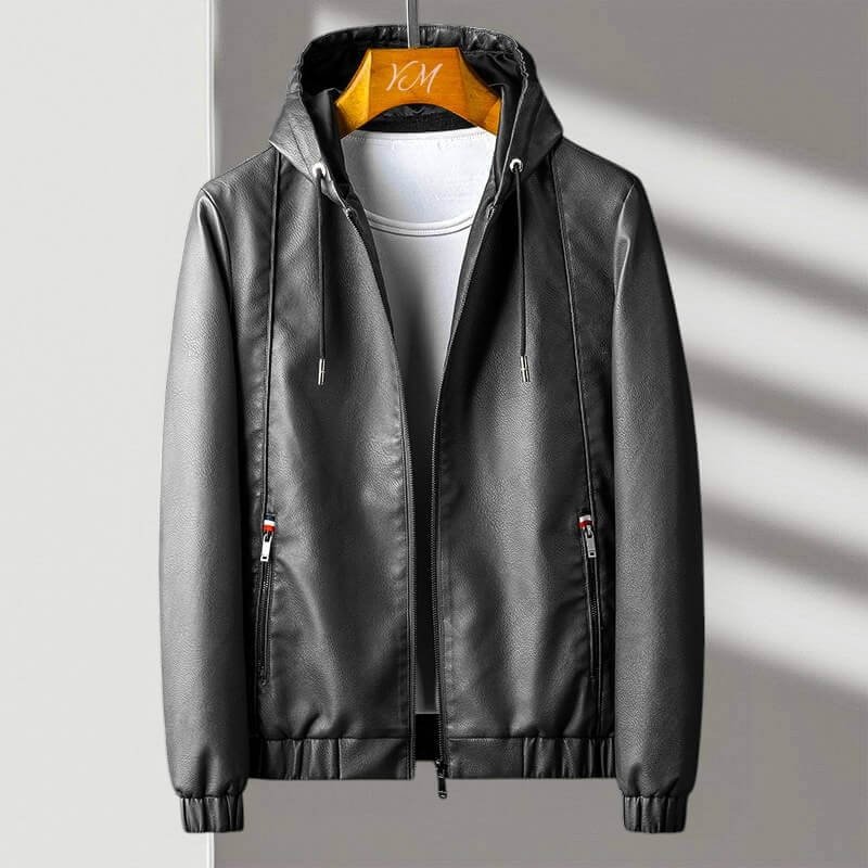 Herren Kunstleder-Bomberjacke mit Kapuze