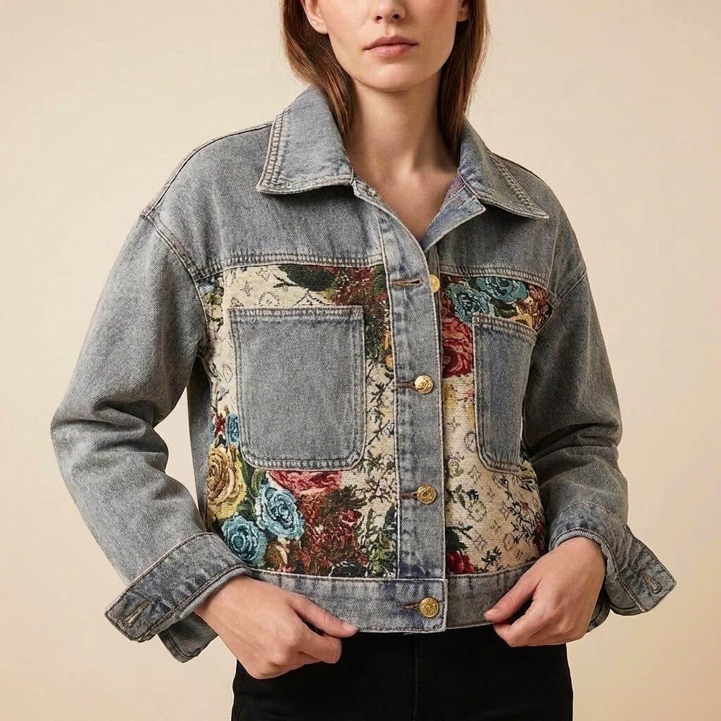 Damen Verspielte Blumenmuster-Jeansjacke