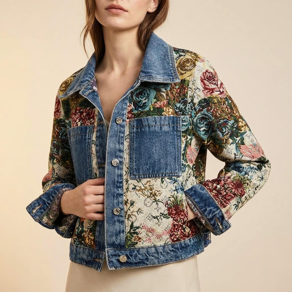 Damen Verspielte Blumenmuster-Jeansjacke