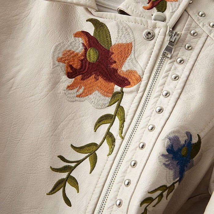 Damen Kunstlederjacke mit Blumenstickerei