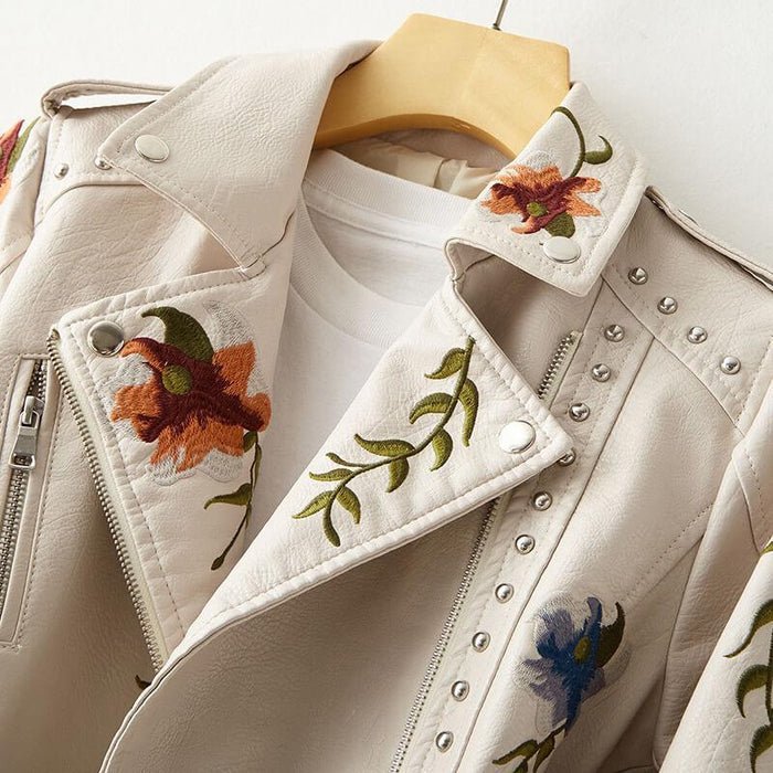 Damen Kunstlederjacke mit Blumenstickerei