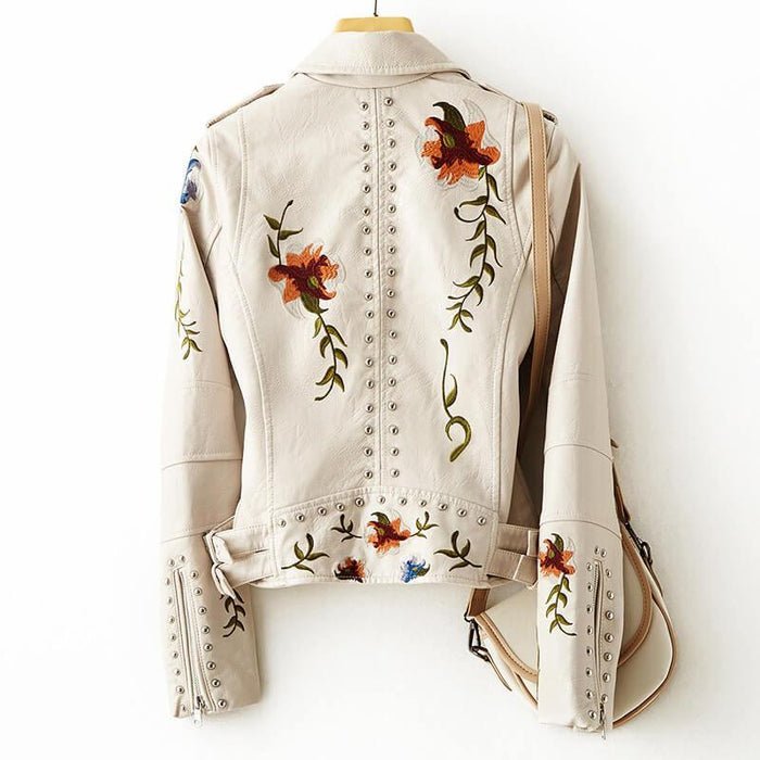Damen Kunstlederjacke mit Blumenstickerei