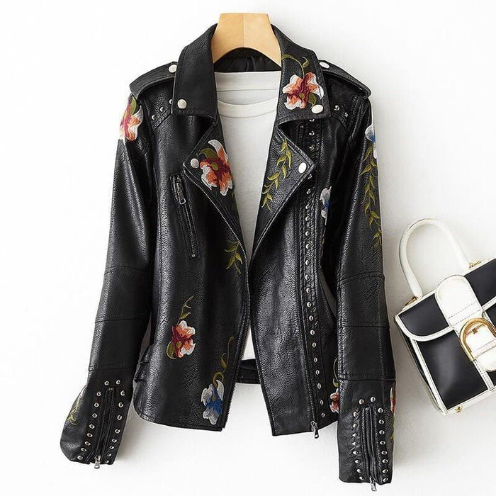 Damen Kunstlederjacke mit Blumenstickerei