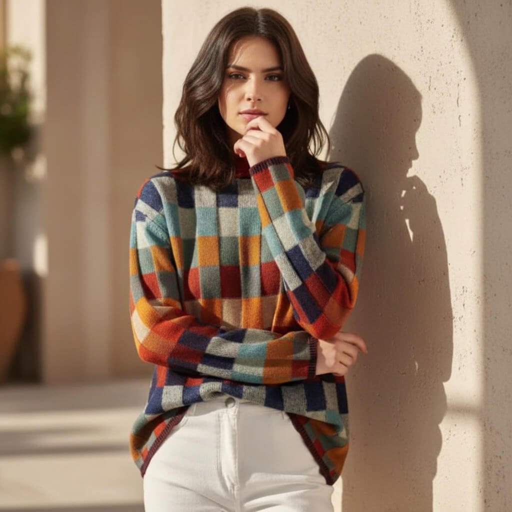 Damen Gemütlicher Karierter Rollkragenpullover aus Merino