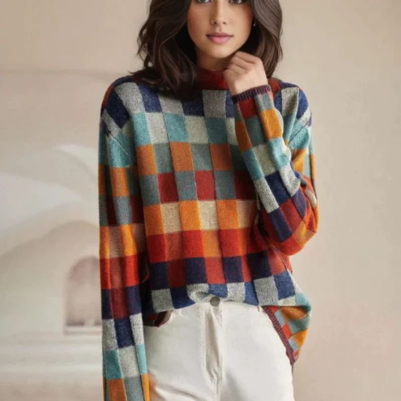Damen Gemütlicher Karierter Rollkragenpullover aus Merino