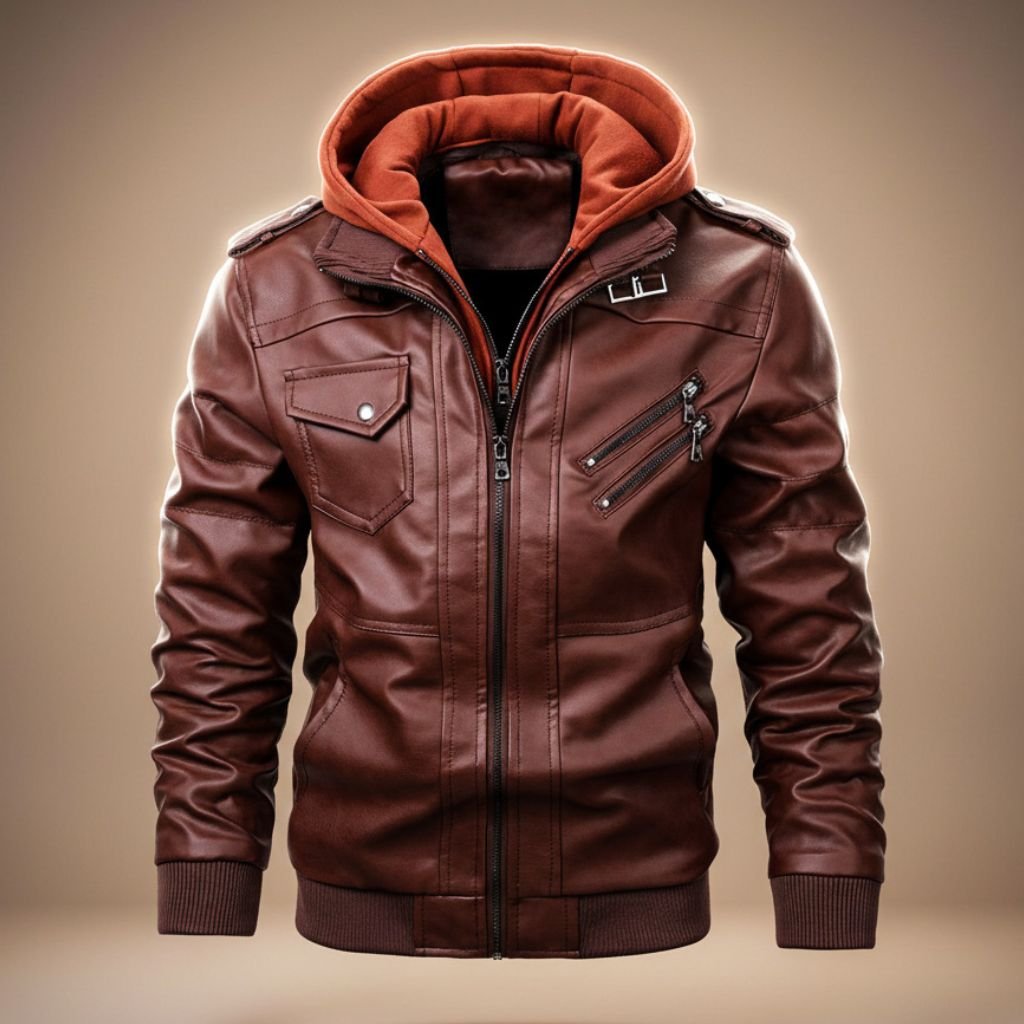 Herren Leder-Bomberjacke mit Kapuze