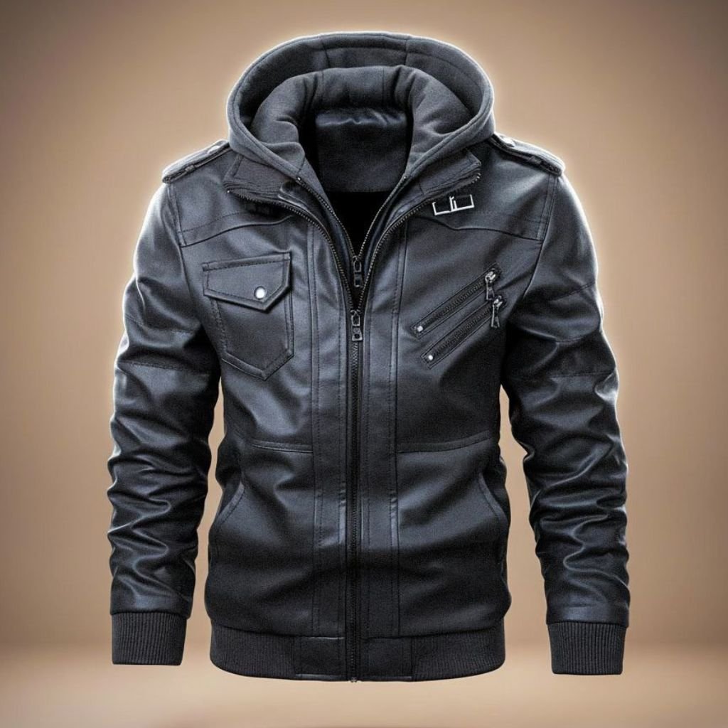 Herren Leder-Bomberjacke mit Kapuze