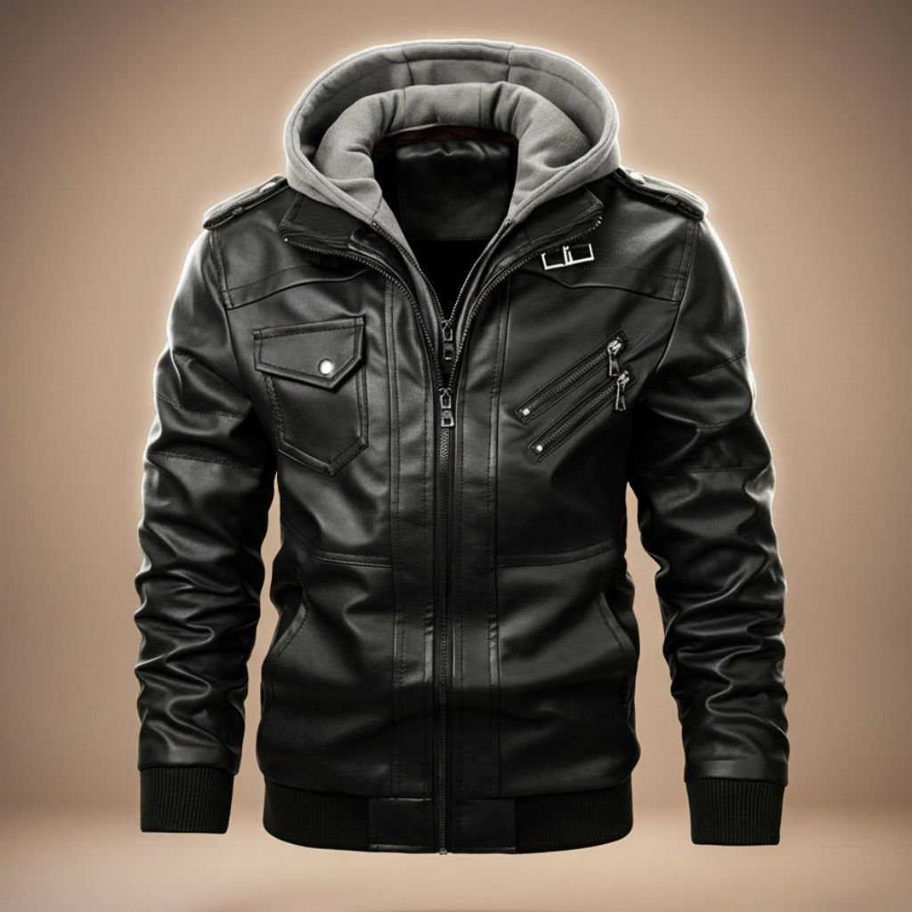 Herren Leder-Bomberjacke mit Kapuze