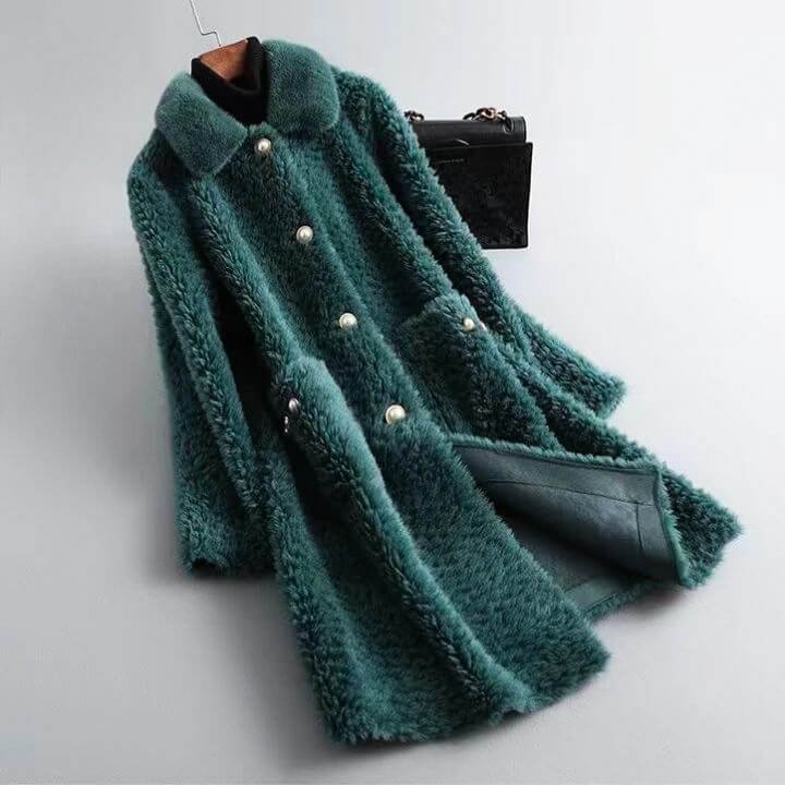 Damen Eleganter Fellmantel mit Perlenknöpfen