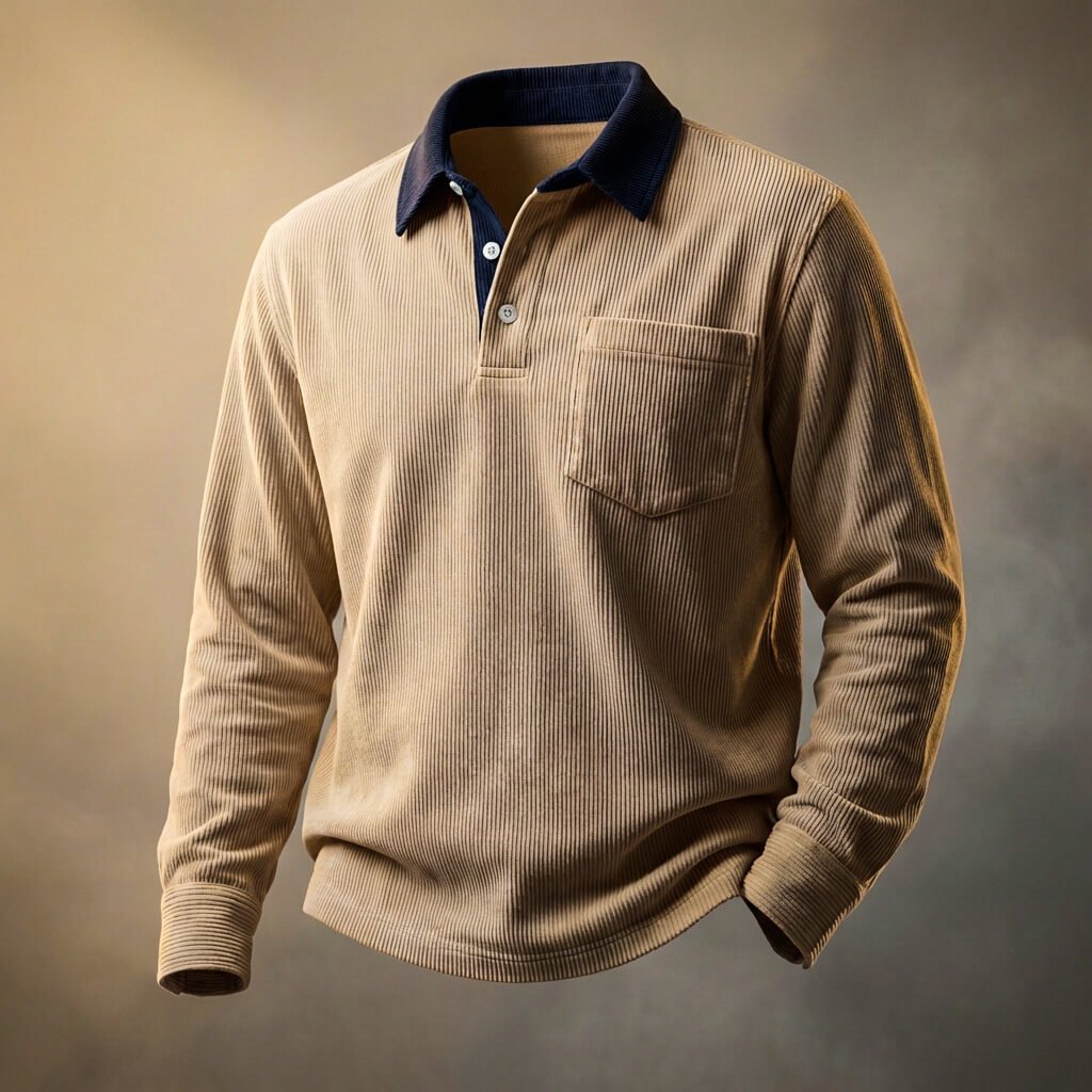 Herren Cord-Langarmshirt mit Polokragen