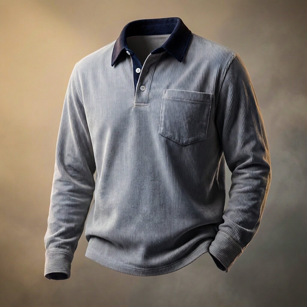 Herren Cord-Langarmshirt mit Polokragen