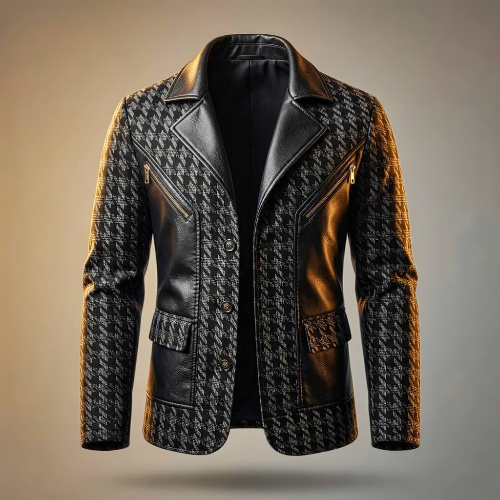 Herren Leder-Blazer mit Hahnentritt-Muster