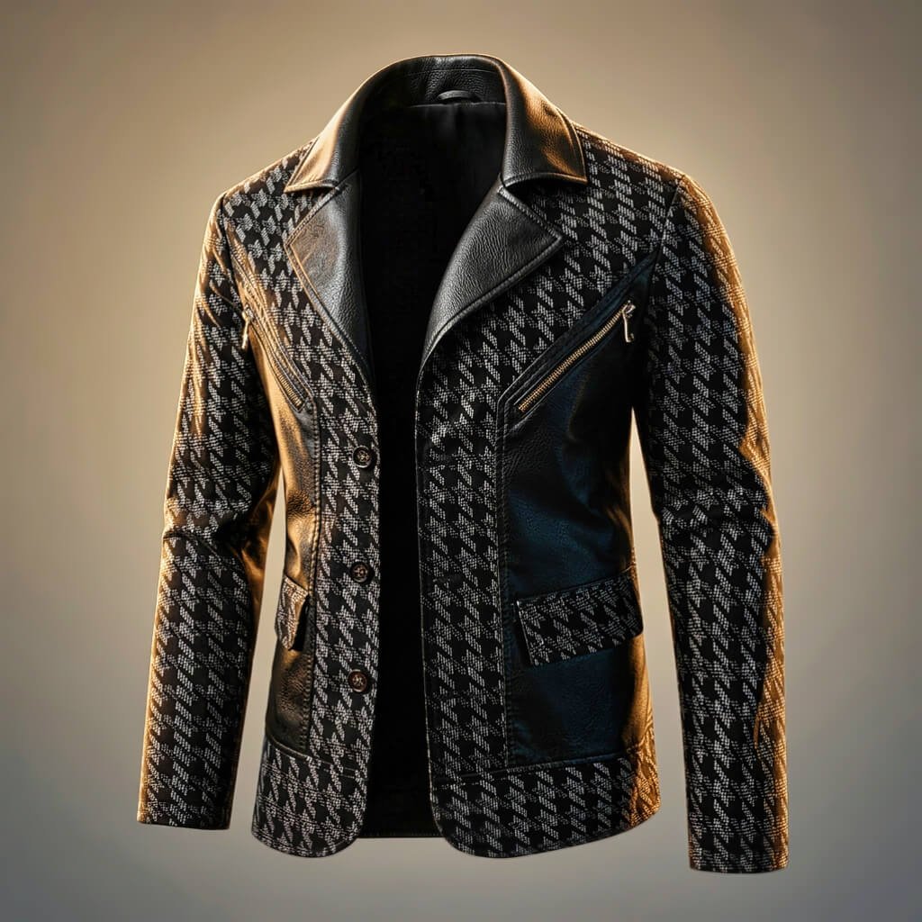 Herren Leder-Blazer mit Hahnentritt-Muster