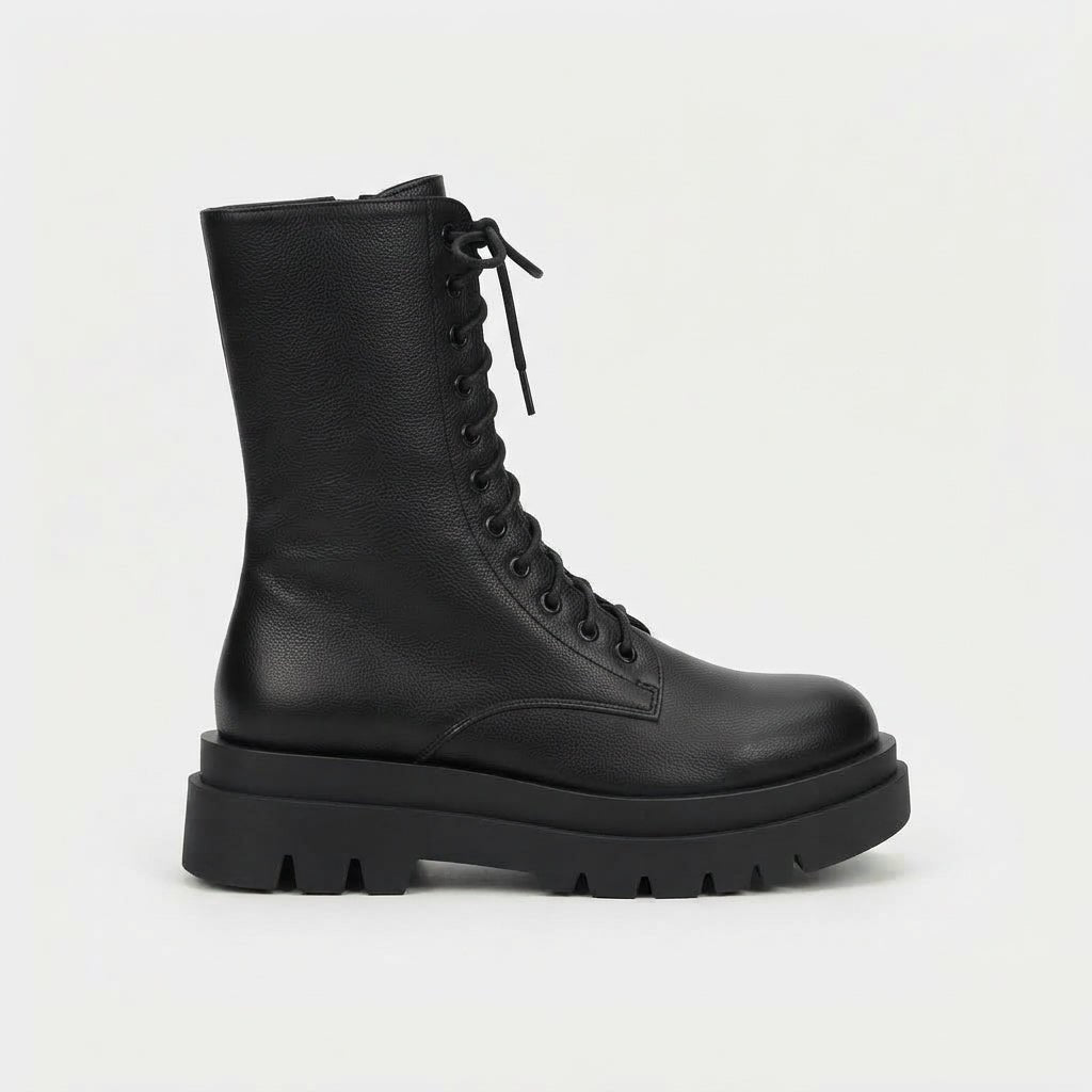 Damen Leder Combat Boots mit Plateausohle
