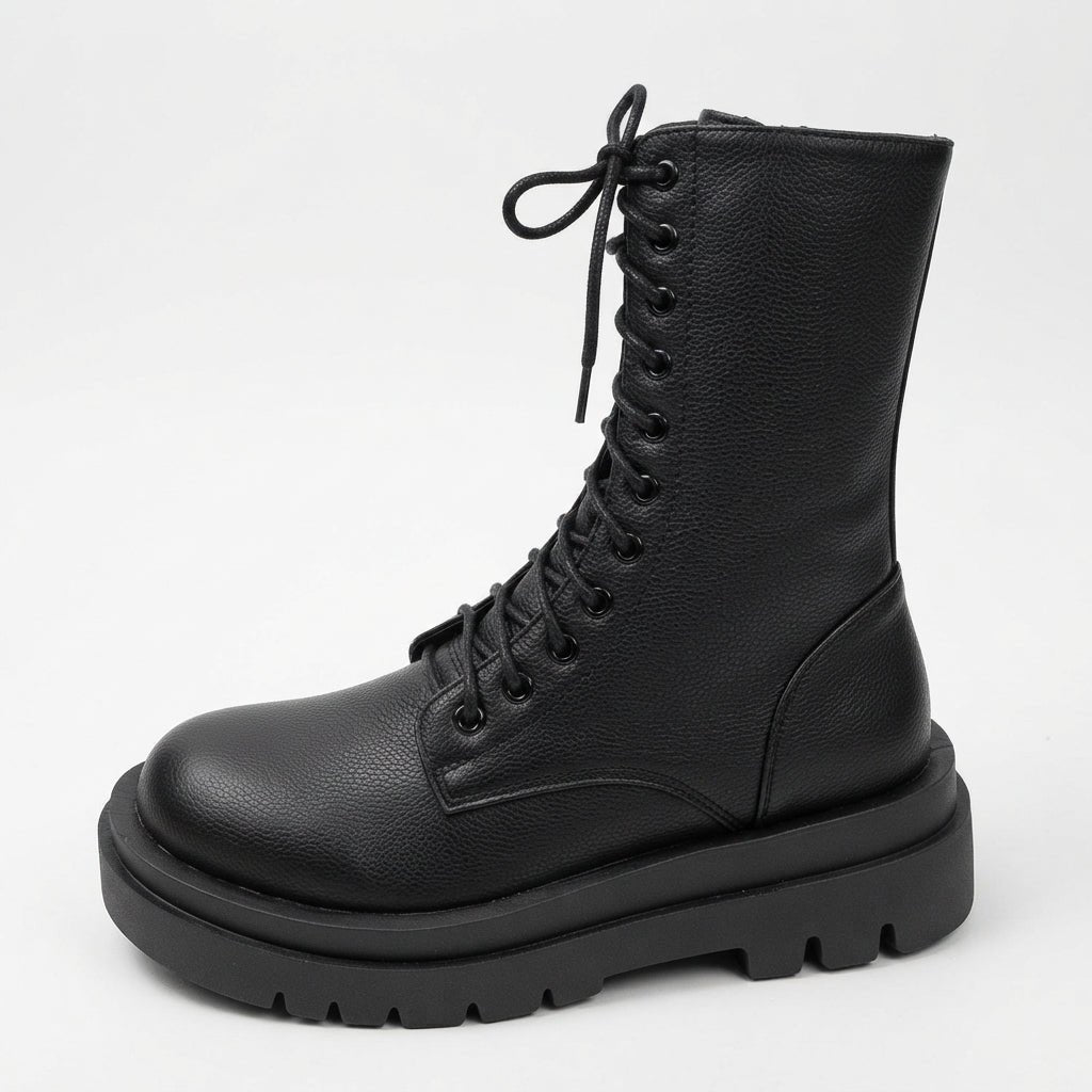 Damen Leder Combat Boots mit Plateausohle