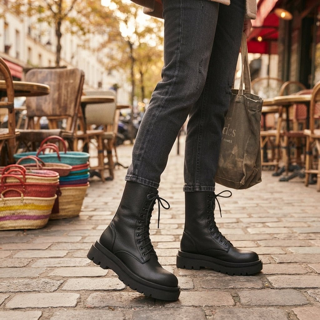 Damen Leder Combat Boots mit Plateausohle